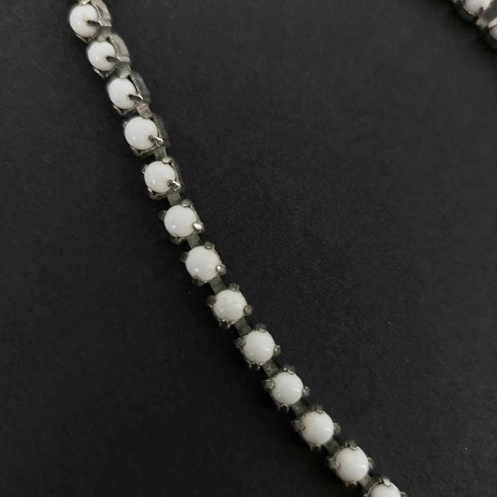 Vintage White Milk Glass Look And Clear Rhinestone Necklace